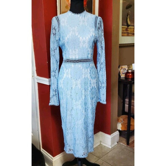 Pretty LittleThing Womens Floral Blue Lace 8 Dress Dusty Blue Transparent NWOT - Picture 1 of 16